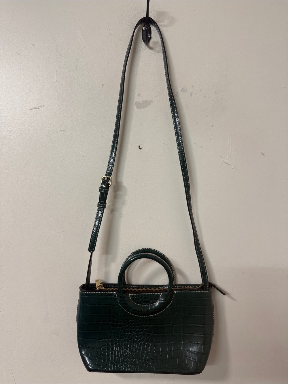 Forever 21 Dark Green Croc-Embossed Shoulder Bag with Round Top Handles